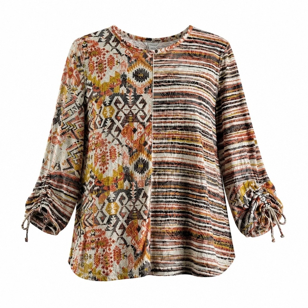 Multiples Womens XL Southwestern Striped Split Print Ruched Tie Sleeve Blouse